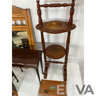 Assorted Wooden Furniture Including Plant Stand, Side Table, Mirror, Carved Figure  - Lot of 7