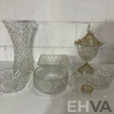 Cut Crystal Pedestal Coupe with Butterflies and Floral Decoration, Assorted Crystal Bowls - Diamond Cut Pattern  and More - Lot of 8