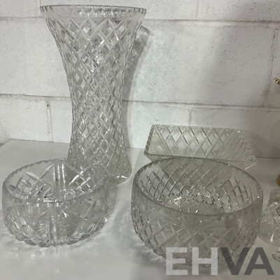 Cut Crystal Pedestal Coupe with Butterflies and Floral Decoration, Assorted Crystal Bowls - Diamond Cut Pattern  and More - Lot of 8