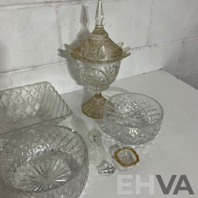Cut Crystal Pedestal Coupe with Butterflies and Floral Decoration, Assorted Crystal Bowls - Diamond Cut Pattern  and More - Lot of 8