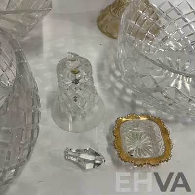 Cut Crystal Pedestal Coupe with Butterflies and Floral Decoration, Assorted Crystal Bowls - Diamond Cut Pattern  and More - Lot of 8