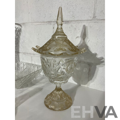 Cut Crystal Pedestal Coupe with Butterflies and Floral Decoration, Assorted Crystal Bowls - Diamond Cut Pattern  and More - Lot of 8