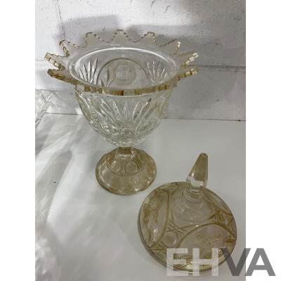 Cut Crystal Pedestal Coupe with Butterflies and Floral Decoration, Assorted Crystal Bowls - Diamond Cut Pattern  and More - Lot of 8