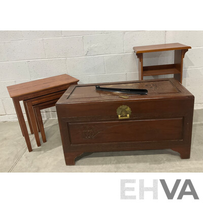 Mid Century Carved Camphor Wood Chest with Lock and Key, Small Bookshelves and Square Nesting Tables - Lot of 3