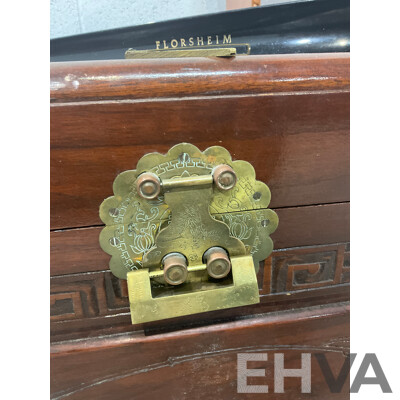 Mid Century Carved Camphor Wood Chest with Lock and Key, Small Bookshelves and Square Nesting Tables - Lot of 3