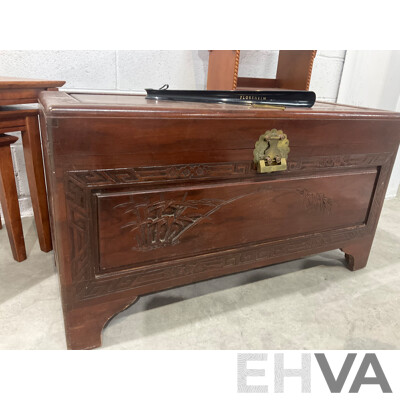 Mid Century Carved Camphor Wood Chest with Lock and Key, Small Bookshelves and Square Nesting Tables - Lot of 3