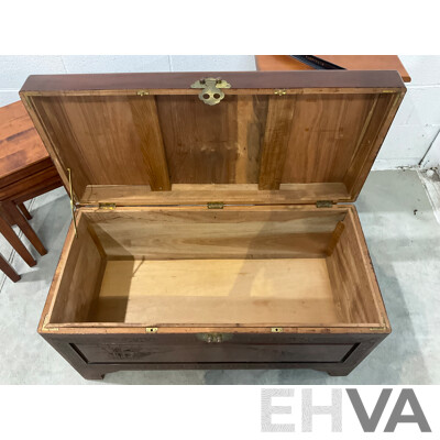 Mid Century Carved Camphor Wood Chest with Lock and Key, Small Bookshelves and Square Nesting Tables - Lot of 3