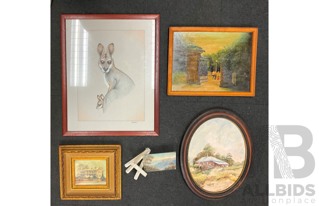 Assorted Paintings, Oil on Board by Unknown Artists “‘Katoomba”, Shirley Gallon “Narrow Neck, Blue Mountains - Oil on Canvas , J. Buske, “Kangaroo” - Pencils Drawing, Beryl Erskine “The Old House”  - Lot of 5