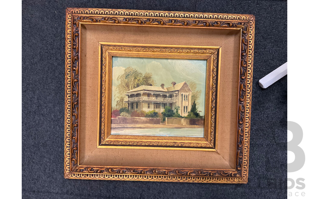 Assorted Paintings, Oil on Board by Unknown Artists “‘Katoomba”, Shirley Gallon “Narrow Neck, Blue Mountains - Oil on Canvas , J. Buske, “Kangaroo” - Pencils Drawing, Beryl Erskine “The Old House”  - Lot of 5