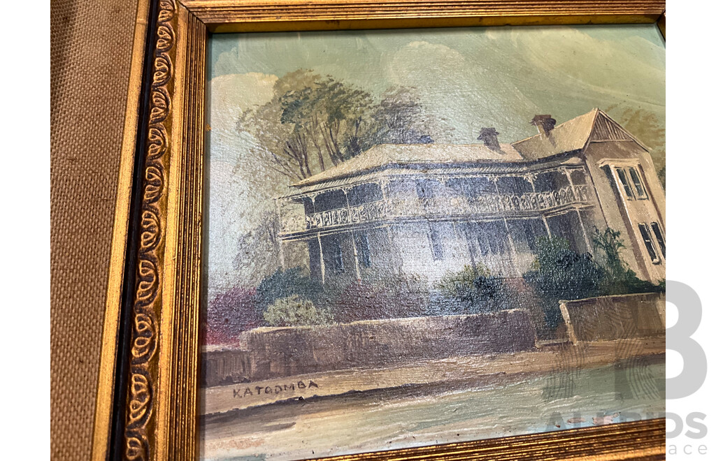 Assorted Paintings, Oil on Board by Unknown Artists “‘Katoomba”, Shirley Gallon “Narrow Neck, Blue Mountains - Oil on Canvas , J. Buske, “Kangaroo” - Pencils Drawing, Beryl Erskine “The Old House”  - Lot of 5