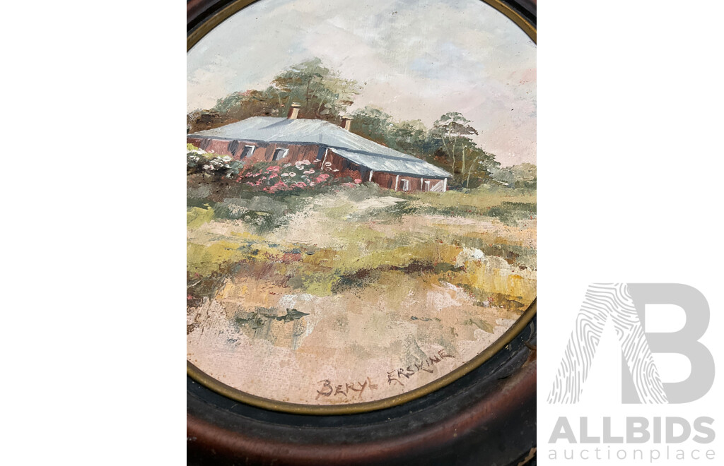 Assorted Paintings, Oil on Board by Unknown Artists “‘Katoomba”, Shirley Gallon “Narrow Neck, Blue Mountains - Oil on Canvas , J. Buske, “Kangaroo” - Pencils Drawing, Beryl Erskine “The Old House”  - Lot of 5
