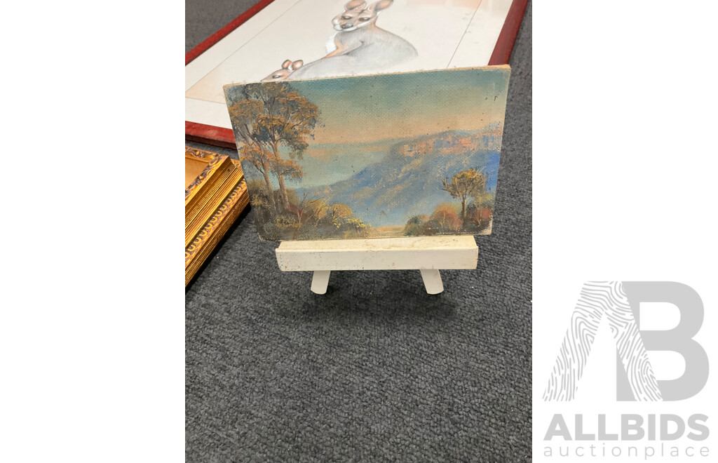 Assorted Paintings, Oil on Board by Unknown Artists “‘Katoomba”, Shirley Gallon “Narrow Neck, Blue Mountains - Oil on Canvas , J. Buske, “Kangaroo” - Pencils Drawing, Beryl Erskine “The Old House”  - Lot of 5
