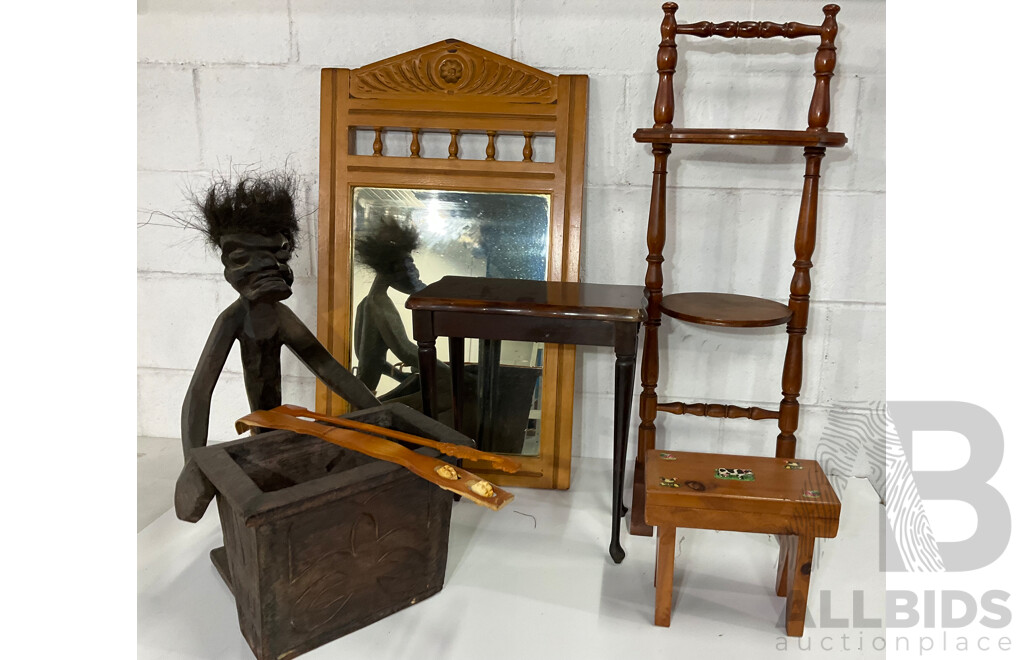 Assorted Wooden Furniture Including Plant Stand, Side Table, Mirror, Carved Figure  - Lot of 7