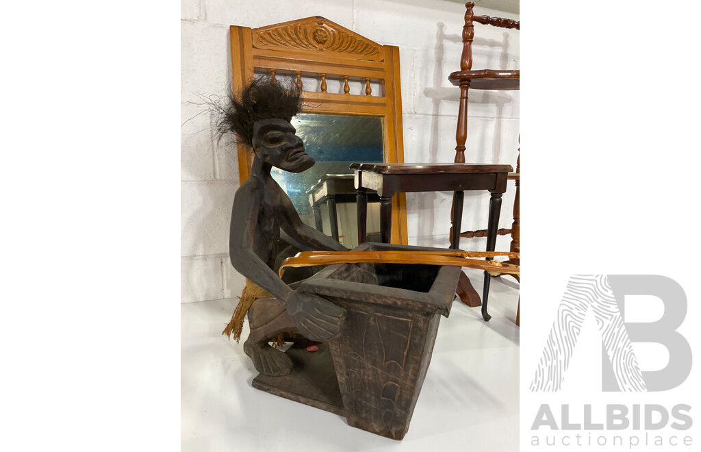 Assorted Wooden Furniture Including Plant Stand, Side Table, Mirror, Carved Figure  - Lot of 7
