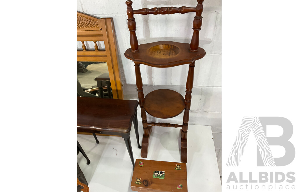 Assorted Wooden Furniture Including Plant Stand, Side Table, Mirror, Carved Figure  - Lot of 7