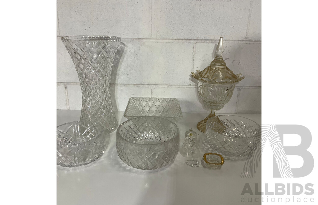 Cut Crystal Pedestal Coupe with Butterflies and Floral Decoration, Assorted Crystal Bowls - Diamond Cut Pattern  and More - Lot of 8