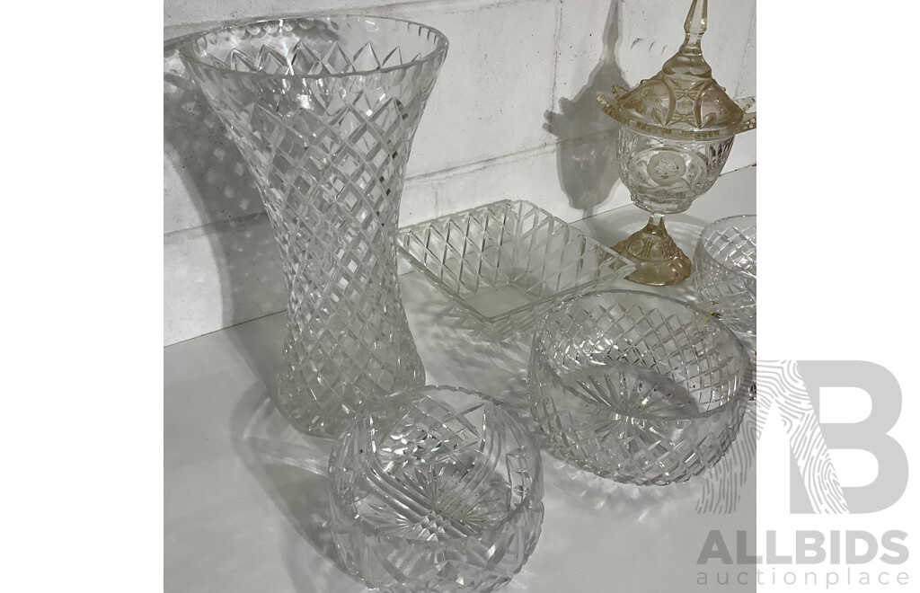 Cut Crystal Pedestal Coupe with Butterflies and Floral Decoration, Assorted Crystal Bowls - Diamond Cut Pattern  and More - Lot of 8
