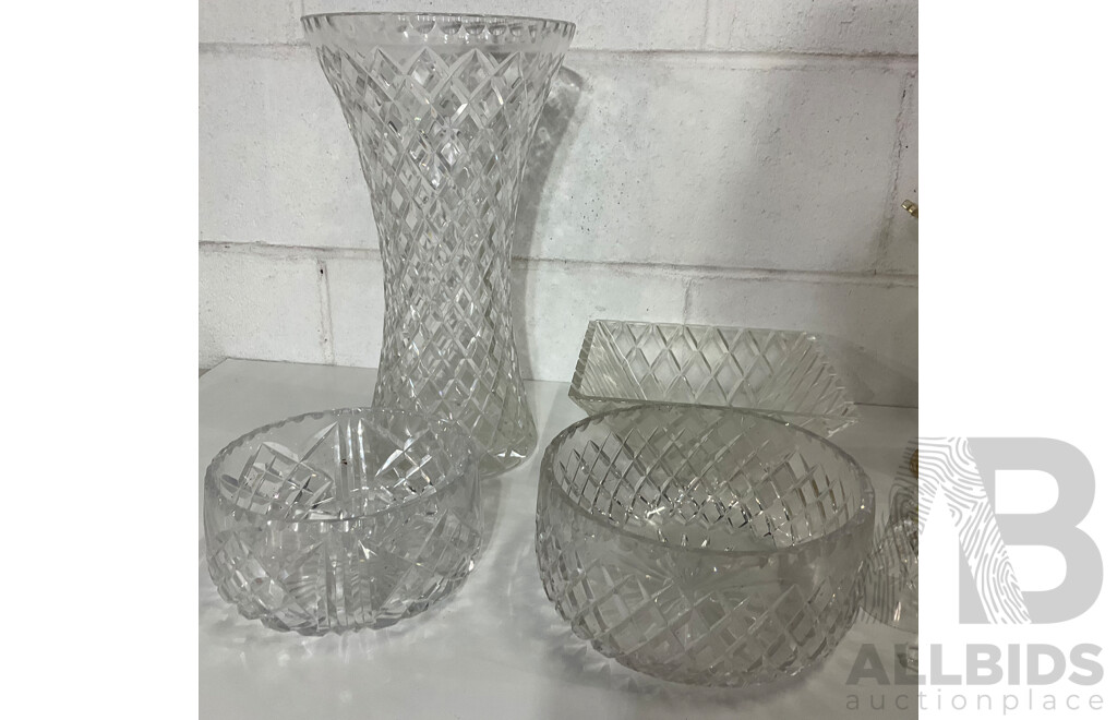 Cut Crystal Pedestal Coupe with Butterflies and Floral Decoration, Assorted Crystal Bowls - Diamond Cut Pattern  and More - Lot of 8