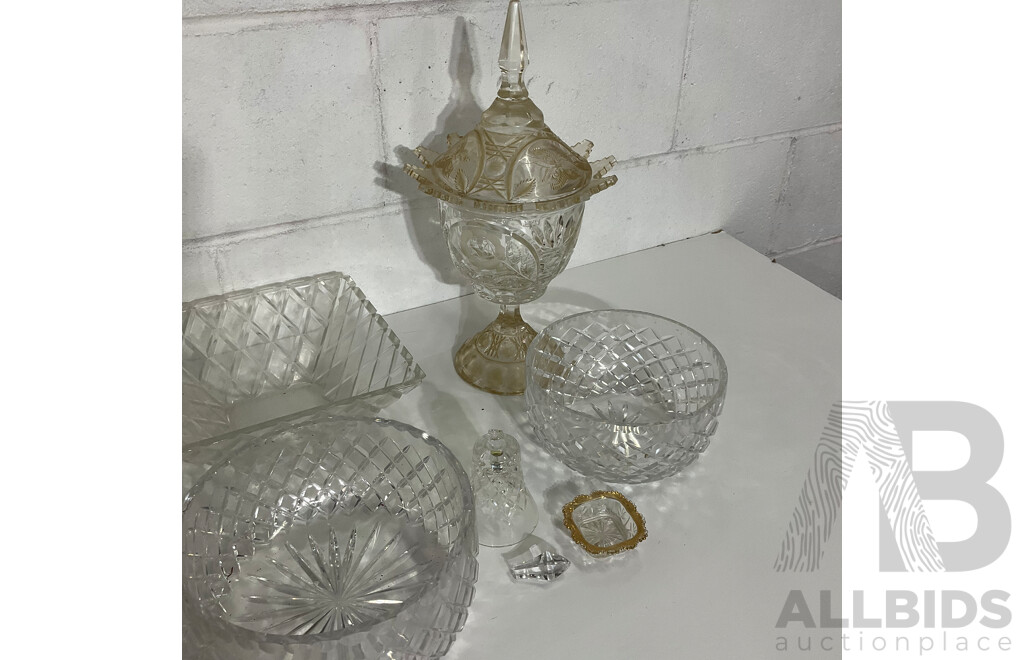 Cut Crystal Pedestal Coupe with Butterflies and Floral Decoration, Assorted Crystal Bowls - Diamond Cut Pattern  and More - Lot of 8