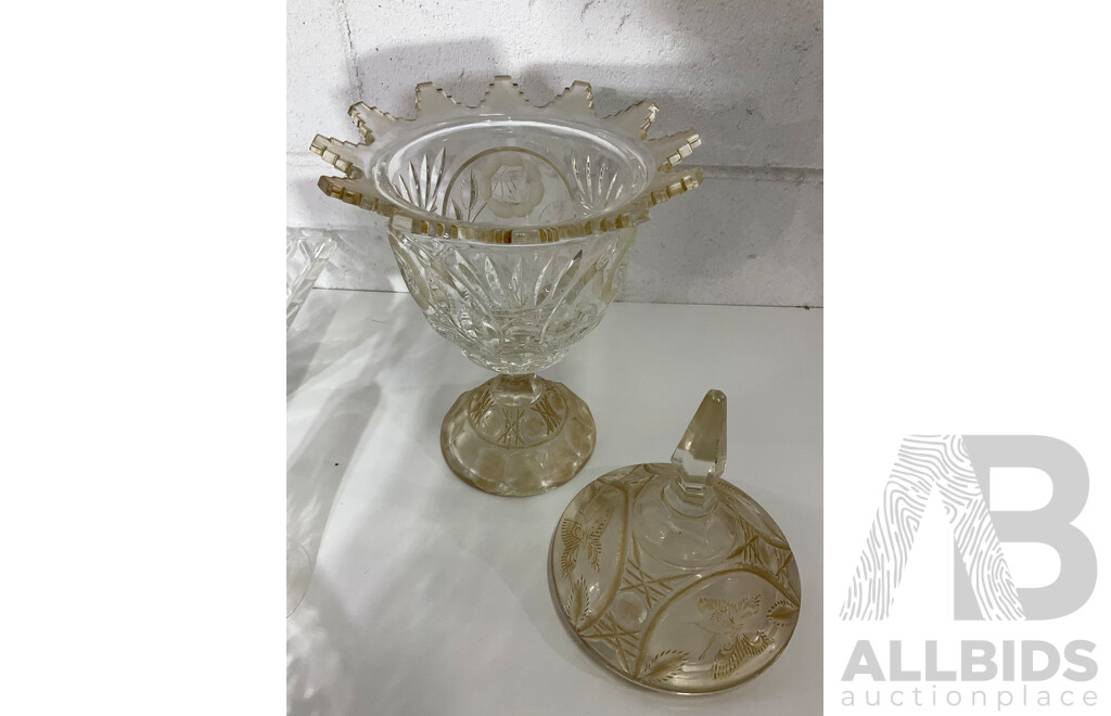 Cut Crystal Pedestal Coupe with Butterflies and Floral Decoration, Assorted Crystal Bowls - Diamond Cut Pattern  and More - Lot of 8