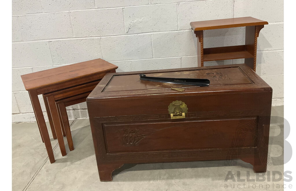 Mid Century Carved Camphor Wood Chest with Lock and Key, Small Bookshelves and Square Nesting Tables - Lot of 3