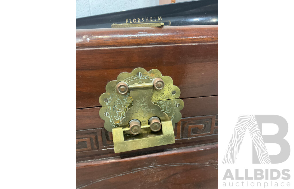 Mid Century Carved Camphor Wood Chest with Lock and Key, Small Bookshelves and Square Nesting Tables - Lot of 3