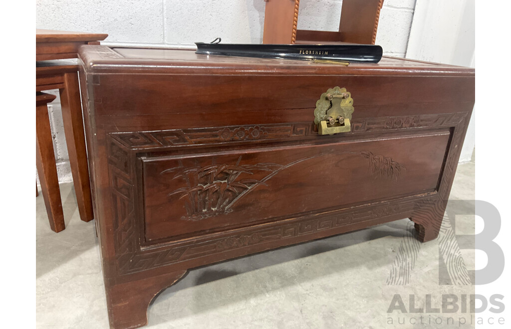 Mid Century Carved Camphor Wood Chest with Lock and Key, Small Bookshelves and Square Nesting Tables - Lot of 3
