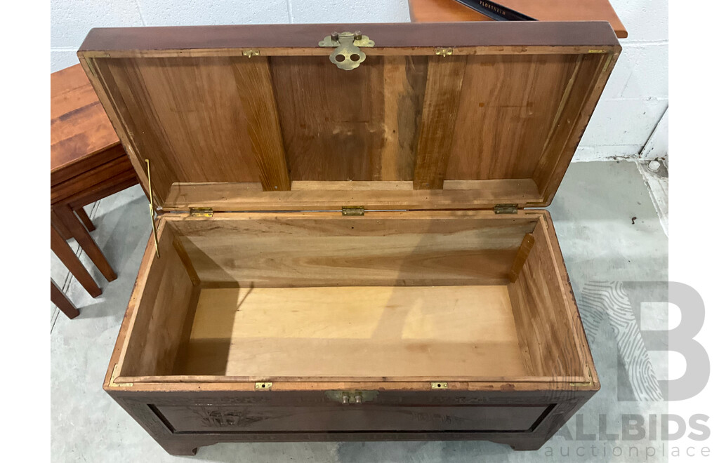 Mid Century Carved Camphor Wood Chest with Lock and Key, Small Bookshelves and Square Nesting Tables - Lot of 3