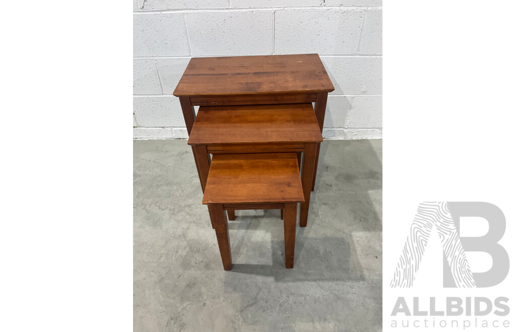 Mid Century Carved Camphor Wood Chest with Lock and Key, Small Bookshelves and Square Nesting Tables - Lot of 3
