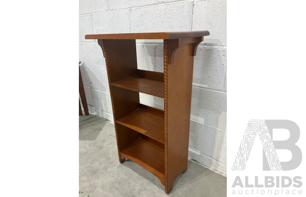 Mid Century Carved Camphor Wood Chest with Lock and Key, Small Bookshelves and Square Nesting Tables - Lot of 3