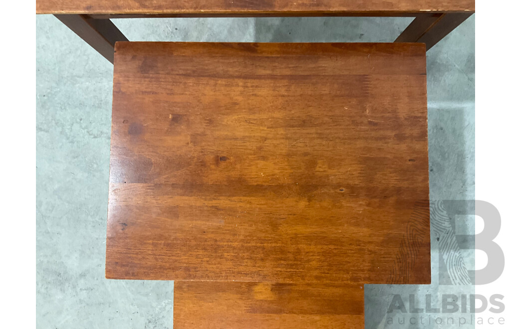 Mid Century Carved Camphor Wood Chest with Lock and Key, Small Bookshelves and Square Nesting Tables - Lot of 3