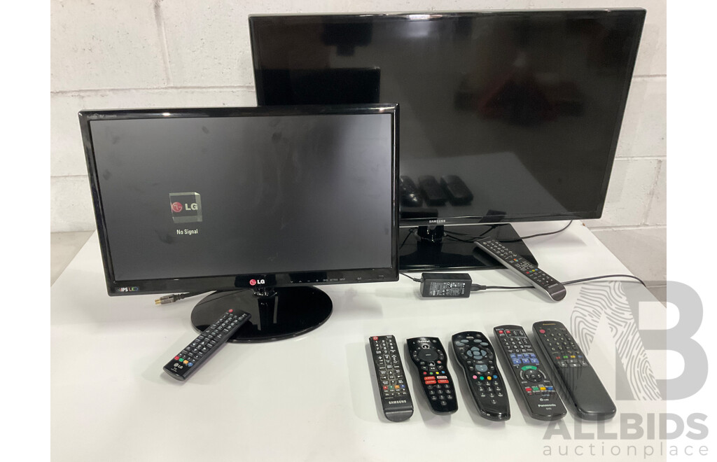 SAMSUNG 32 Inch LED LCD HD TV (UA32F4000AM) with Remote, LG 22 INCH FULL HD LED LCD Monitor TV with Remote , Assorted Remote Controls and Cables - Lot of 2