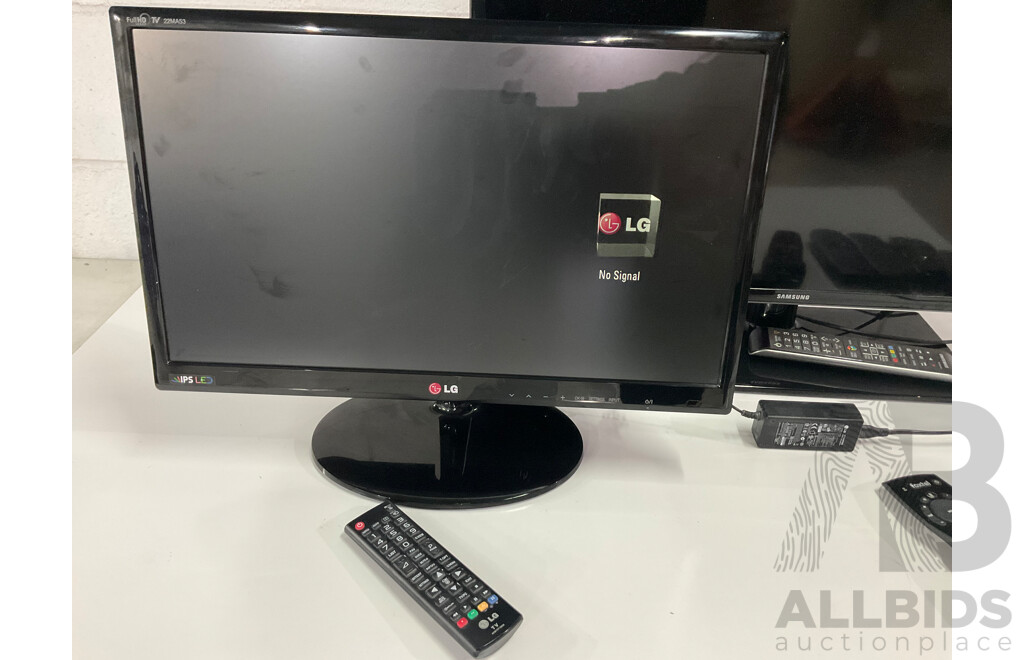 SAMSUNG 32 Inch LED LCD HD TV (UA32F4000AM) with Remote, LG 22 INCH FULL HD LED LCD Monitor TV with Remote , Assorted Remote Controls and Cables - Lot of 2
