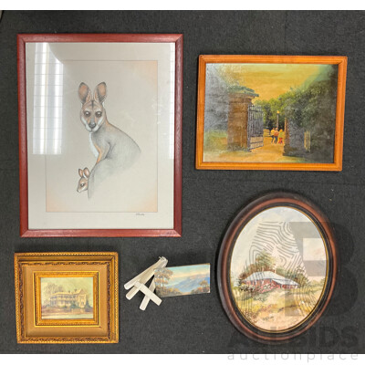 Assorted Paintings, Oil on Board by Unknown Artists “‘Katoomba”, Shirley Gallon “Narrow Neck, Blue Mountains - Oil on Canvas , J. Buske, “Kangaroo” - Pencils Drawing, Beryl Erskine “The Old House”  - Lot of 5