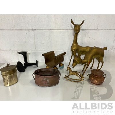 Assorted Brass Metal Collection of Decor Including Brass Deer, Rocking Horse, Magazine Holder, Solid Door Stopper and More - Lot of 8