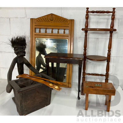 Assorted Wooden Furniture Including Plant Stand, Side Table, Mirror, Carved Figure  - Lot of 7