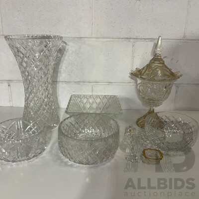 Cut Crystal Pedestal Coupe with Butterflies and Floral Decoration, Assorted Crystal Bowls - Diamond Cut Pattern  and More - Lot of 8