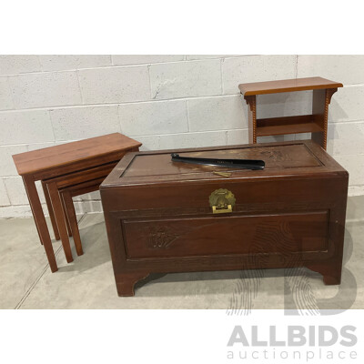 Mid Century Carved Camphor Wood Chest with Lock and Key, Small Bookshelves and Square Nesting Tables - Lot of 3