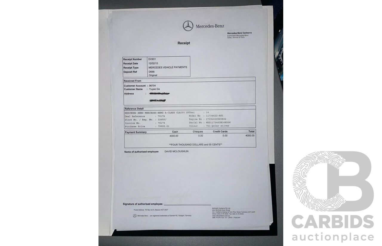 01/2015 Mercedes Benz CLA250 Sport 4matic (AWD) 117 MY15 4d Coupe Polar Silver Metallic Turbo 2.0L