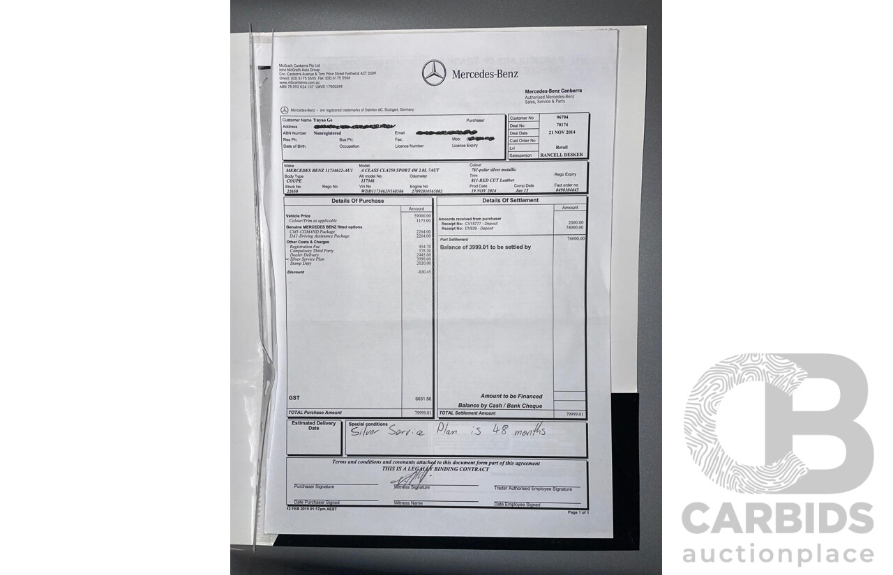 01/2015 Mercedes Benz CLA250 Sport 4matic (AWD) 117 MY15 4d Coupe Polar Silver Metallic Turbo 2.0L