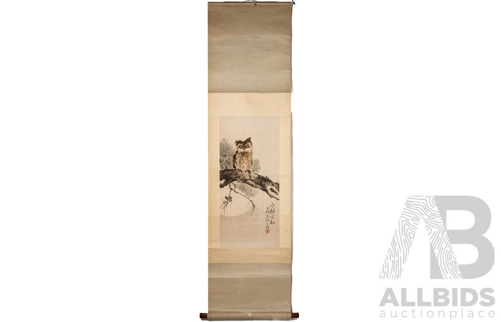 (Attributed To) Gao Qifeng, (Early 20th Century, Chinese, 1889-1933), Pine Moon Night Owl, Antique Ink and Wash Scroll Painting, 74 x 34 cm (image)