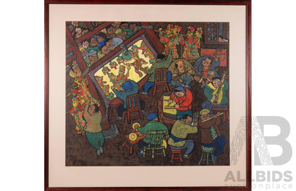 Artist Unknown, (20th Century, Javanese School), Javanese Traditional Interior Scene with Puppeteers and Musicians, Wonderful Original Gouache on Paper, 96 x 104 cm (frame)