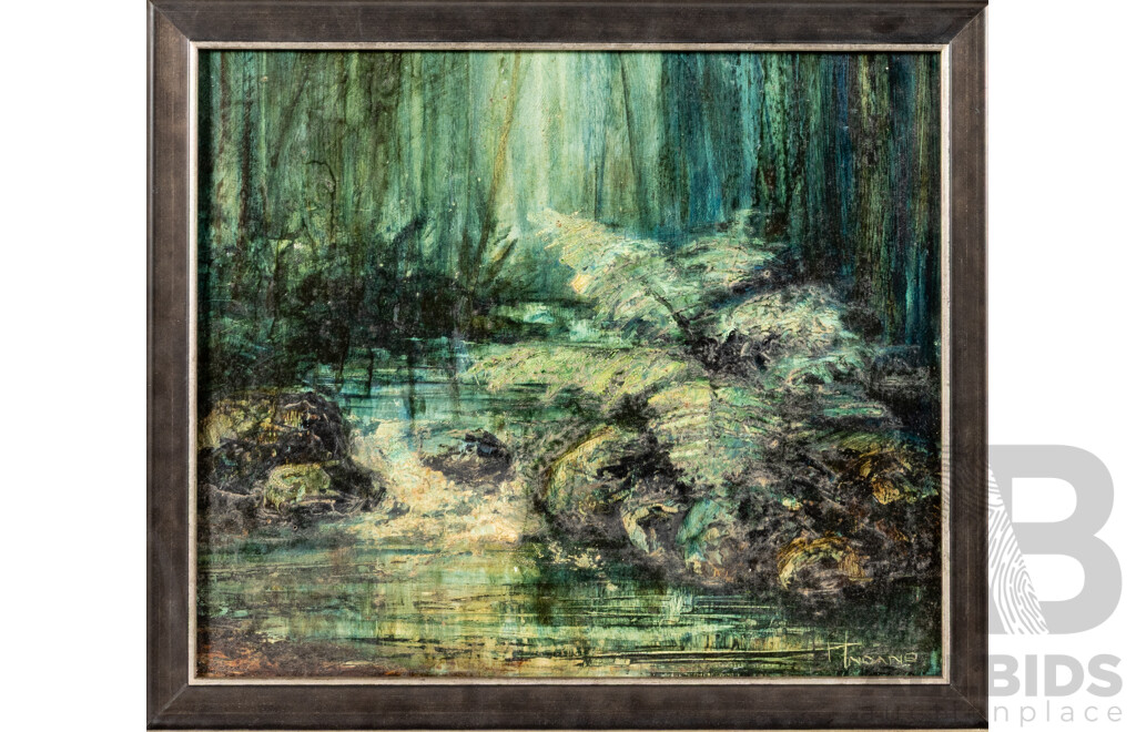 Peter Indans, (20th Century, German-Born Australian, 1947-2011), Dandenong Mountain Rainforest (1965), Oil on Board, 44 x 52 cm (frame)