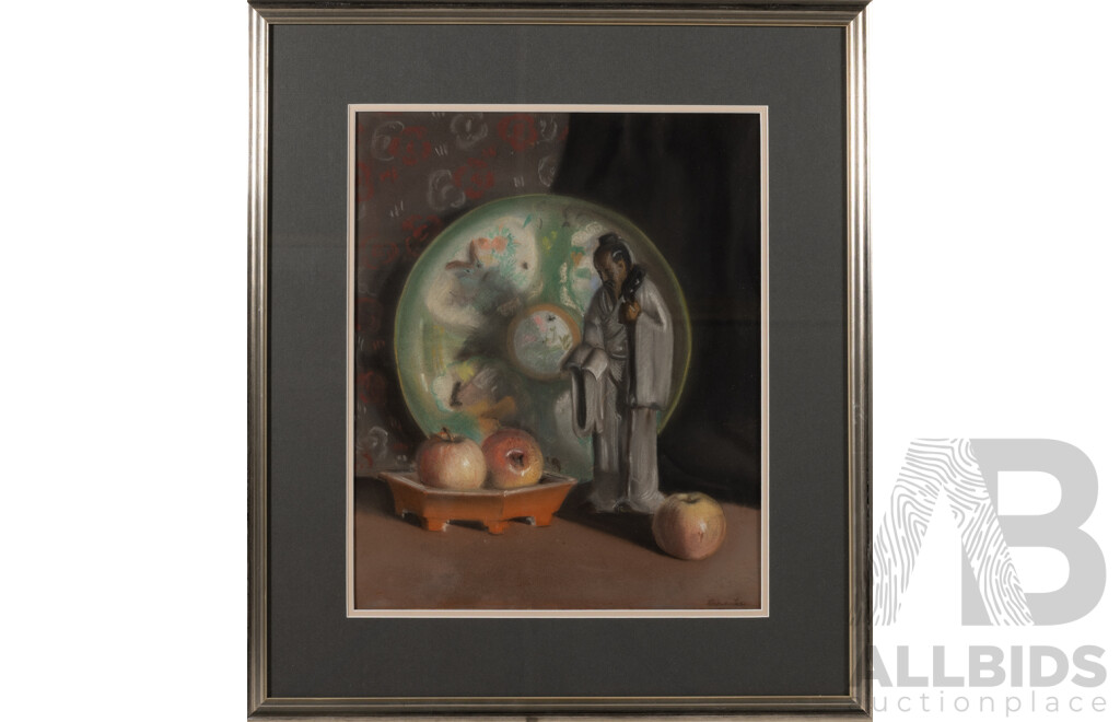 Indistinctly Signed, (20th Century), Still Life with Chinese Ceramic and Fruit, Original Pastel on Paper, 57 x 50 cm (frame)