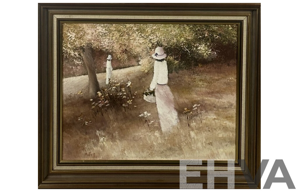 Mary Jupp (20th Century), Flower Picking, Vintage Oil on Canvas, 52 x 62 cm (frame)