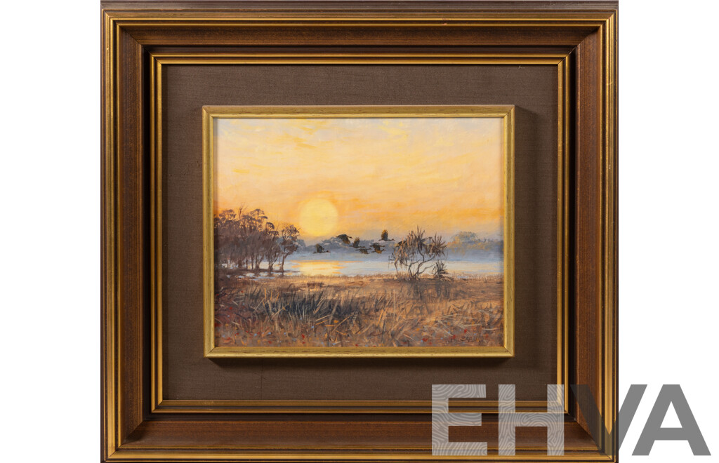 William (Bill) Beavan (20th Century, South African-Australian, 1944-2005), Sun Smoke & Geese, Kakadu NT (1983), Original Oil on Board, 40 x 45 cm (frame)