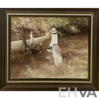 Mary Jupp (20th Century), Flower Picking, Vintage Oil on Canvas, 52 x 62 cm (frame)