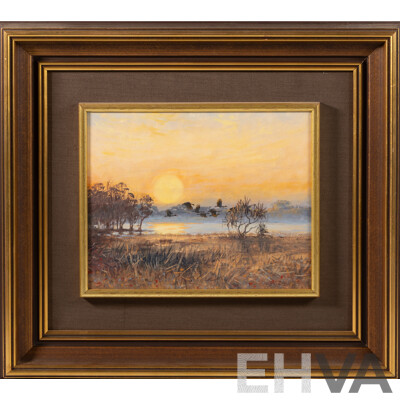 William (Bill) Beavan (20th Century, South African-Australian, 1944-2005), Sun Smoke & Geese, Kakadu NT (1983), Original Oil on Board, 40 x 45 cm (frame)