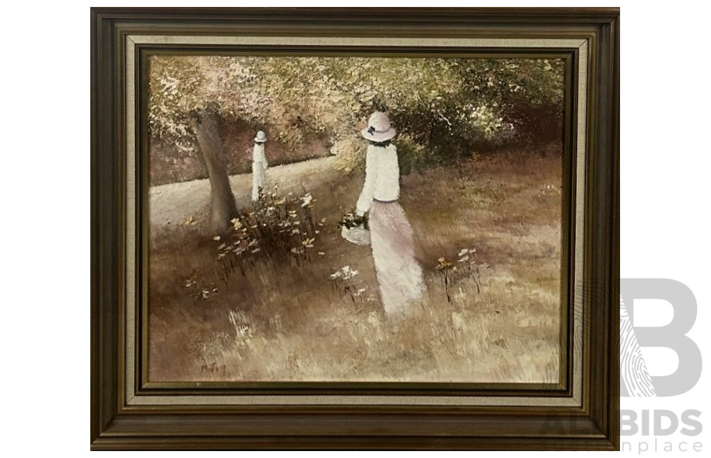 Mary Jupp (20th Century), Flower Picking, Vintage Oil on Canvas, 52 x 62 cm (frame)
