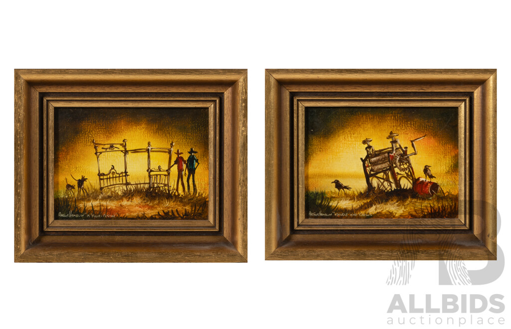 Arthur Hamblin (20th Century, Australian, 1933-.), 'Mangle & Crows' & 'A Four Poster', Wonderful Pair of Vintage Miniature Oils on Canvas Board, 18 x 22 cm (frames) (2)
